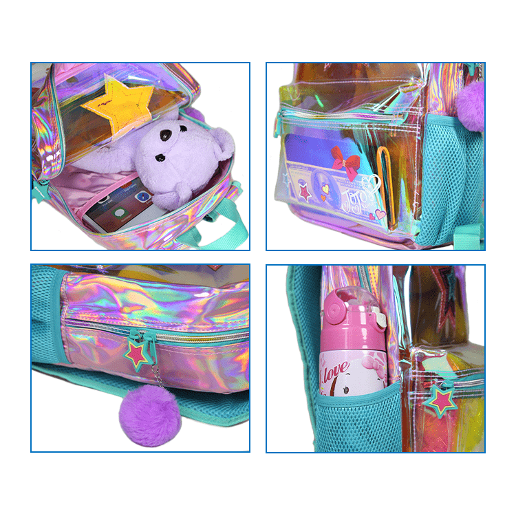 Trendy cute kids little girls fashion clear holographic pvc printing school bags backpack for children