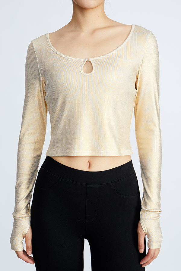 Beige Tight Scoop Neck Hollow Out Sexy Long Sleeve Women's Crop Top