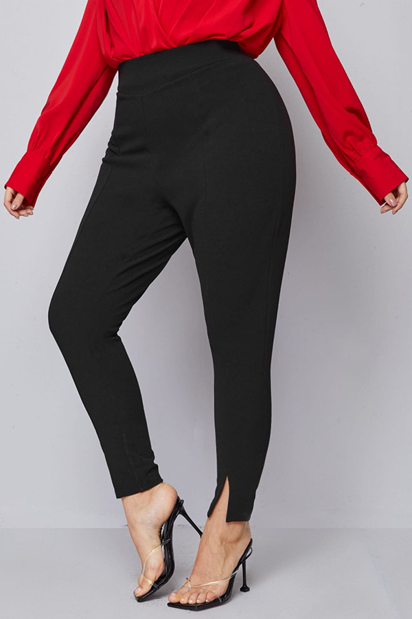 Black Plus Size Slit Women's Korean Strech Capri Spring Pants & Trousers