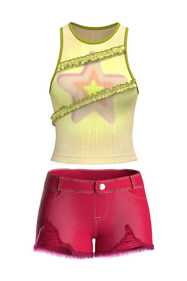 Summer Two Piece Set Women y2k Printed Tank Tops High Waist Denim Shorts