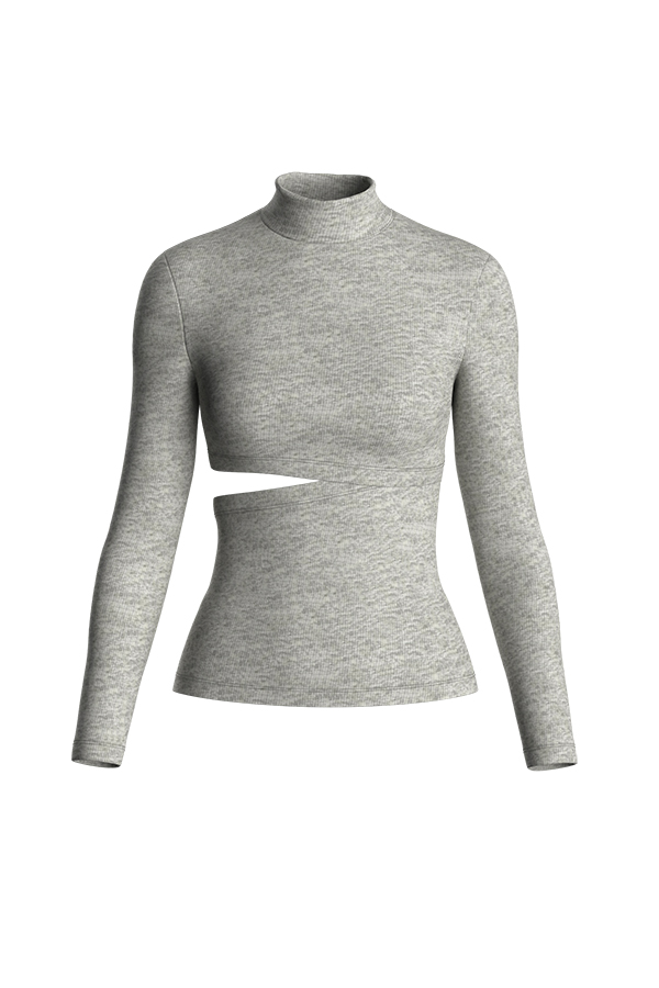 Knitted Hollow Out Slit Long Sleeve Turtle Neck Basic Tops For Women