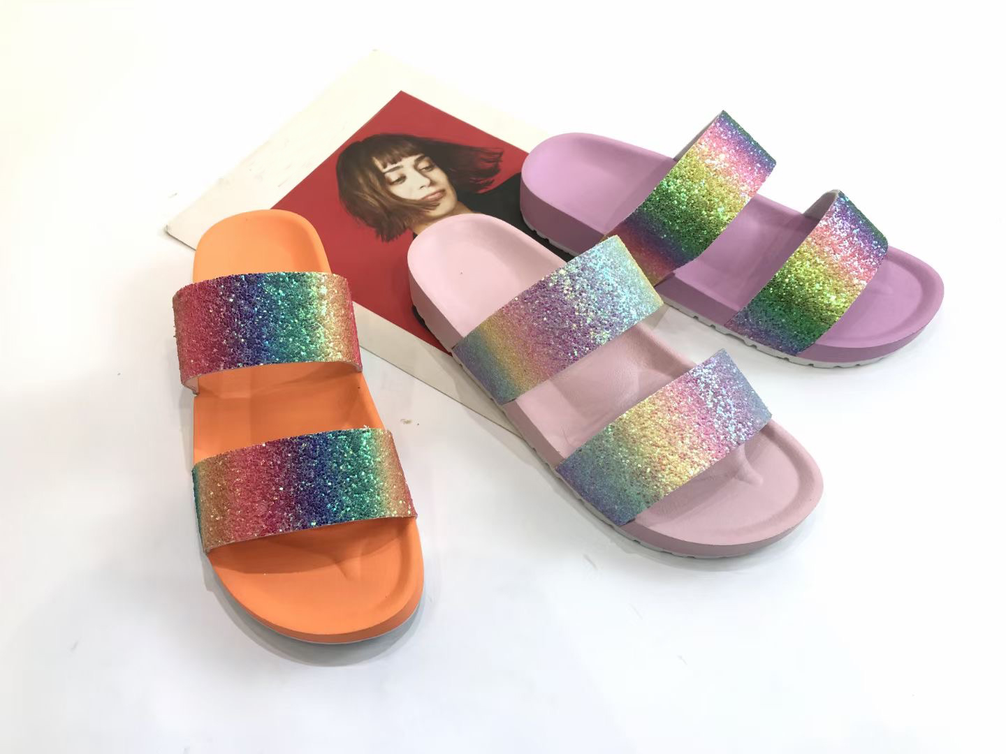 Kids'&Women's Shoes Rainbow Destiny Multicolor Glitter Children Slip On Flat Slide Sandals 