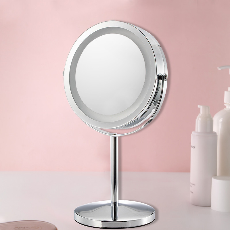 Led Round 7-Inch Cosmetic Mirror Double-Sided 360-Degree Rotation Customized Logo Iron Chrome Tabletop Mirror Bracket