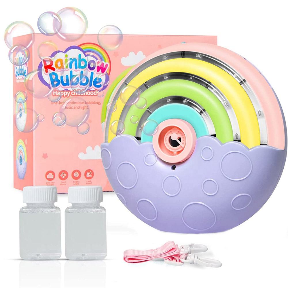 Portable electric automatic bubble machine cute kids summer outdoor bubbling toy rainbow soap bubble blower with music and light