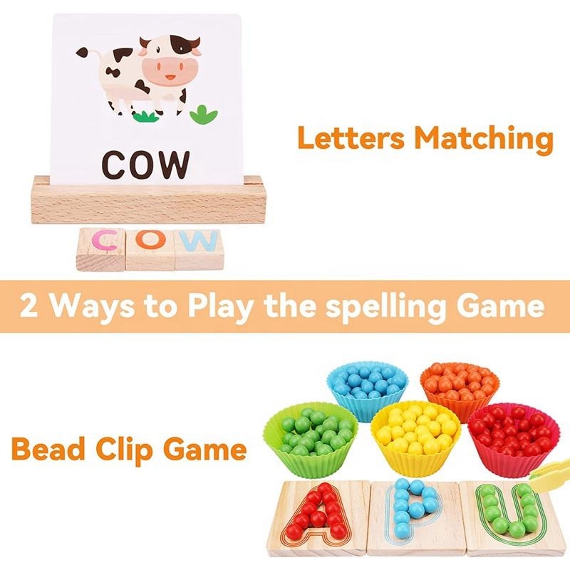 Wooden word cognitive letters blocks matching clip beads spelling game with flashing cards for kids Montessori learning wood toy