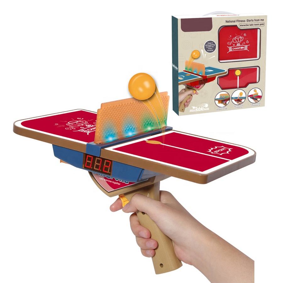 Newest 2 in 1 sport toy ping pong ball balance count playing game kid handheld launch mini table tennis gun toy with light sound