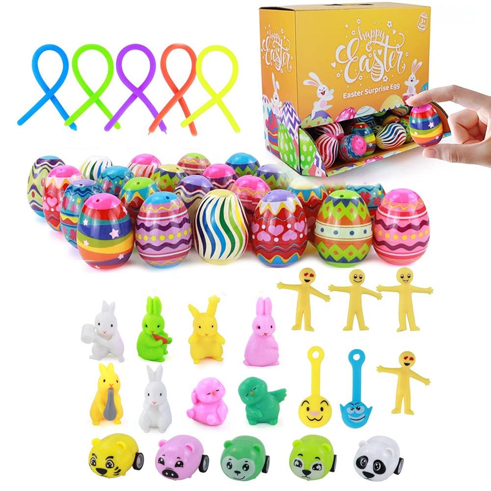 24pcs Easter Eggs Prefilled Bunny Figurines Animal Pull Back Cars Fidget Toy Inside Mystery Box Easter Stuffed Surprise Egg Toy