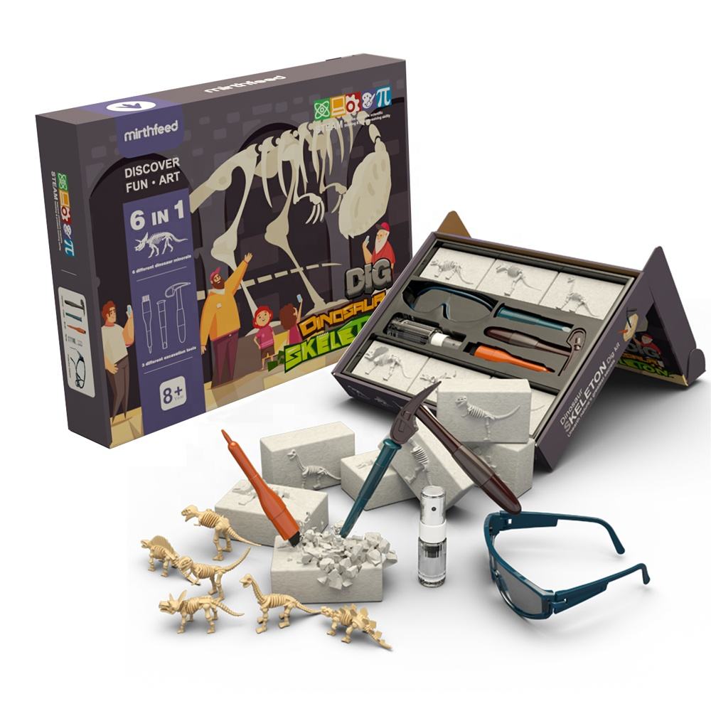 6 in 1 archaeology dinosaur fossil excavation toys DIY stem dino skeleton discover toys for kids science dig kit education toy