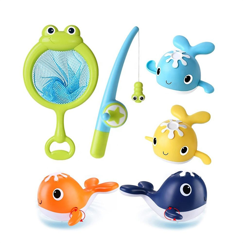 Magnet baby bath fishing toys wind-up swimming whales bathtub game water tub toy set with fishing pole and net for toddler kids