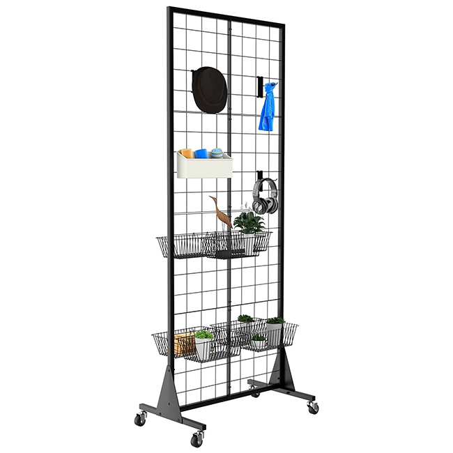 CT137 Retail Customized Floor Standing Double Sided Metal Wire Grid Wall Displays Rack For Commodity Plants Hat With Baskets