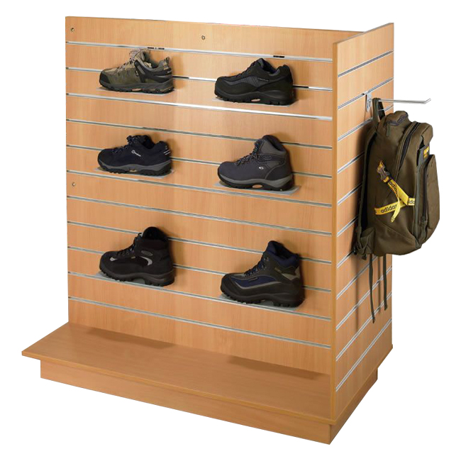 CL196 3 Sided Wholesale Slatwall Floor Wood Display Stand With Hooks And Holders For Shoe And Backpack Promotion