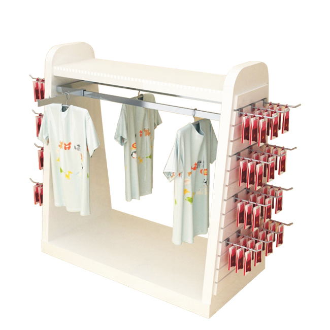 CL024 Supermarket Baby Kids Wood & Metal Slatwall Clothing Gondola Display Stand With Hooks And Extension Cross Bars