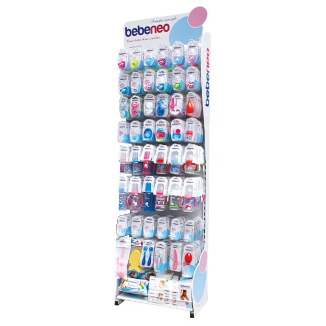BB007 BEBENEO Single Sided Heavy Duty Baby Milk Bottle Nipple Hooks Metal Display Stand With Cross Bars And PVC Graphics