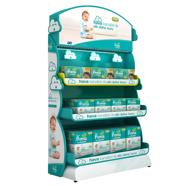 BB017 PAMPERS Supermarket Baby Products Paper Diaper Nappy Wooden Shelving Display Stand With Light Box