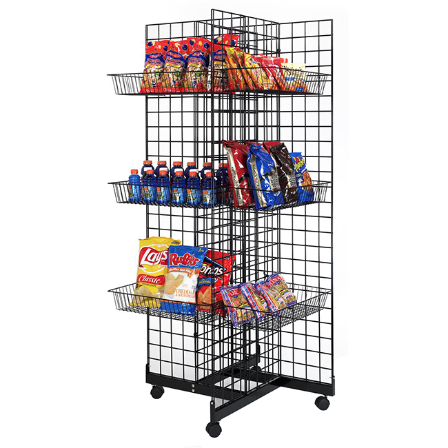 FB203 - 4 Sided Design Metal Wire Panels And 12 Baskets Standing Display Rack With Wheels For Snacks And Beverage