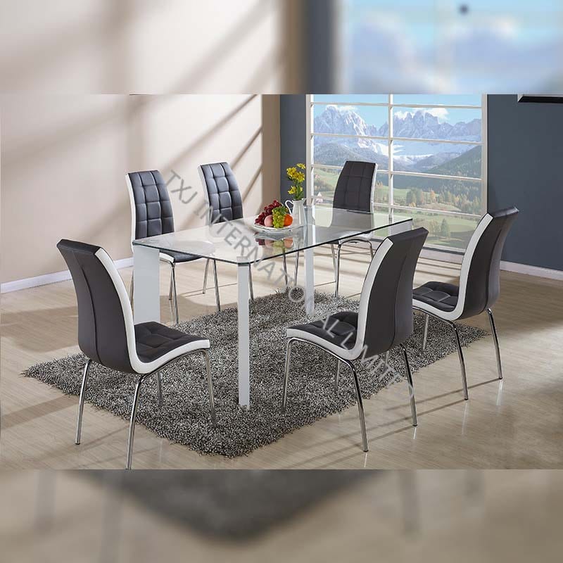 BD-1414 Tempered Glass Dining Table With 6 Chairs Set