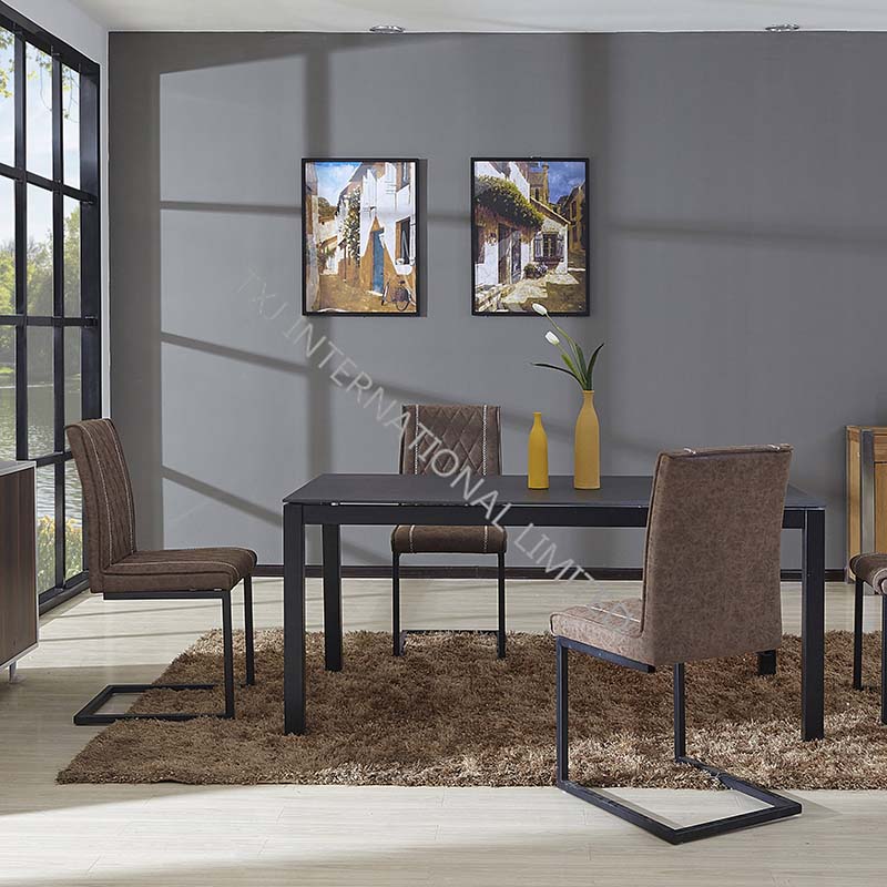 ICE-B Stone Painting Glass Dining table Black , Metal Frame