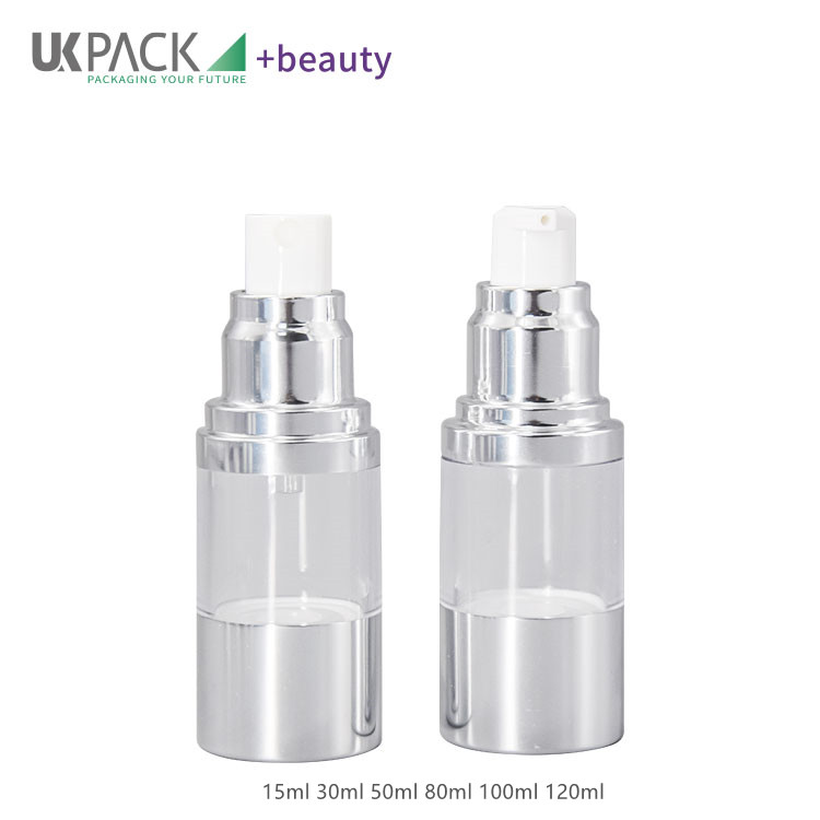 BPA-FREE airless spray bottles with lotion pumps for cosmetics aluminum cap UKA31