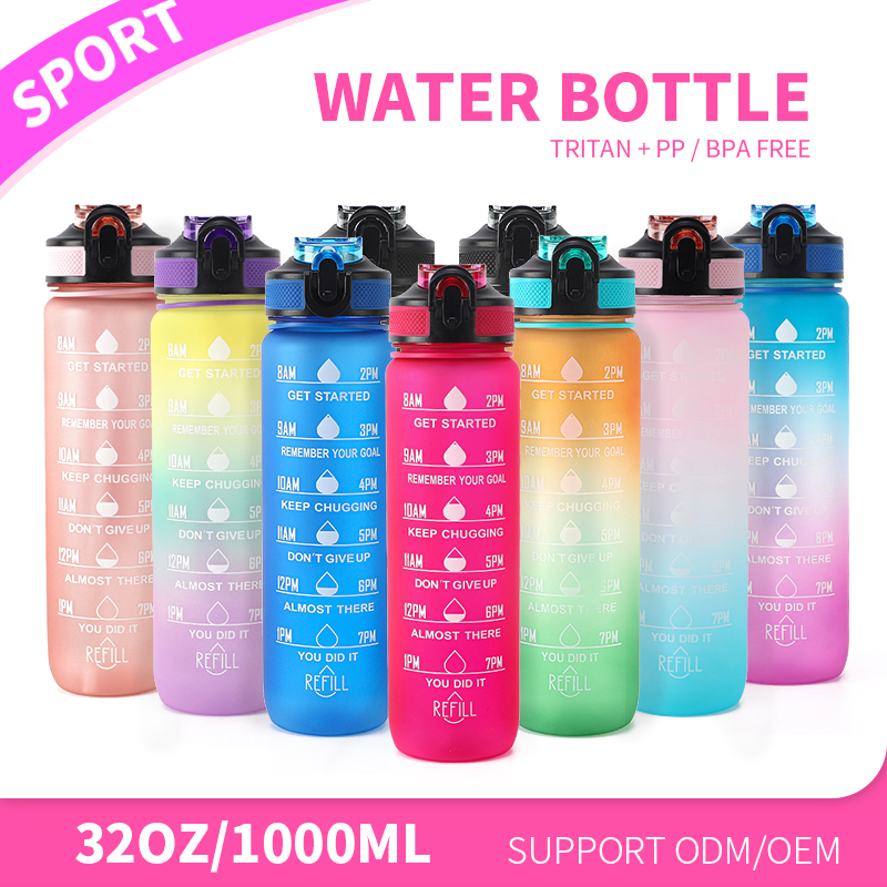1L sport water bottle 32oz Motivational Water Bottle with Time Marker Removable Strainer