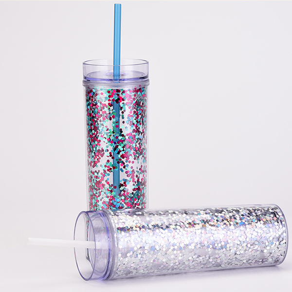 Wholesale Straight Plastic Water Bottles Double Wall Acrylic Plastic Glitter Sequins Skinny Tumblers Cups With Lid and Straw