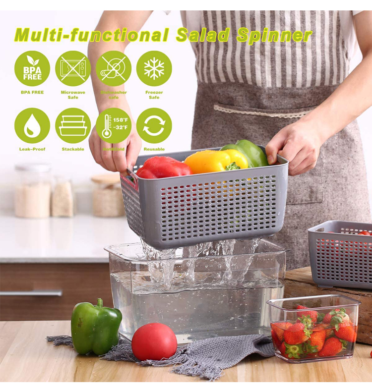 Fresh Keeping Box with Gray Grid Refrigerator Drain Basket Clear Plastic Food Storage Box for Fruits and Vegetables