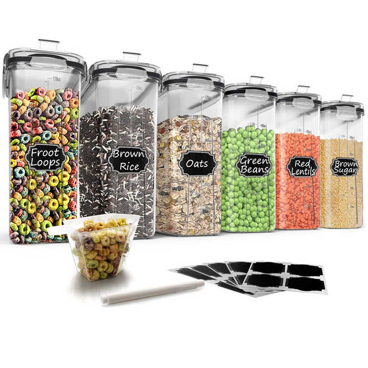 6-piece Set of 4l Leak Proof Stackable Dry Food Cereal Storage Container Set Food Container with Black Lids