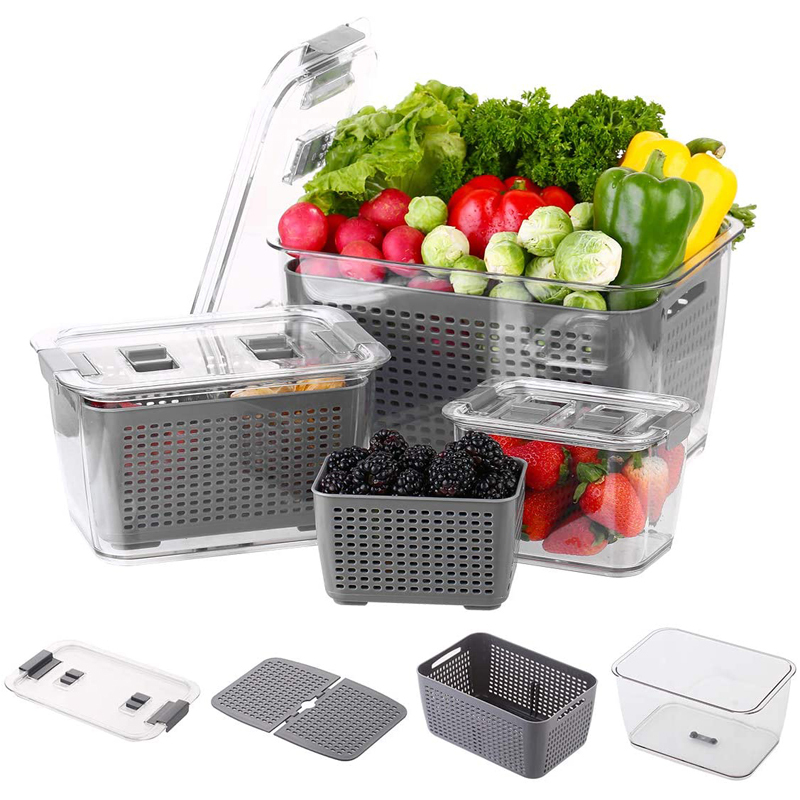Fresh Keeping Box with Gray Grid Refrigerator Drain Basket Clear Plastic Food Storage Box for Fruits and Vegetables