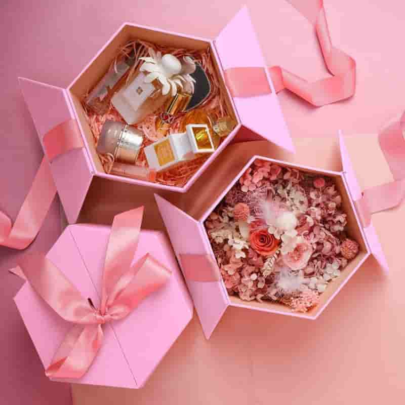 Custom Luxury Magnetic Pink Hexagon Shape Bride Gift Boxes Package With Bow