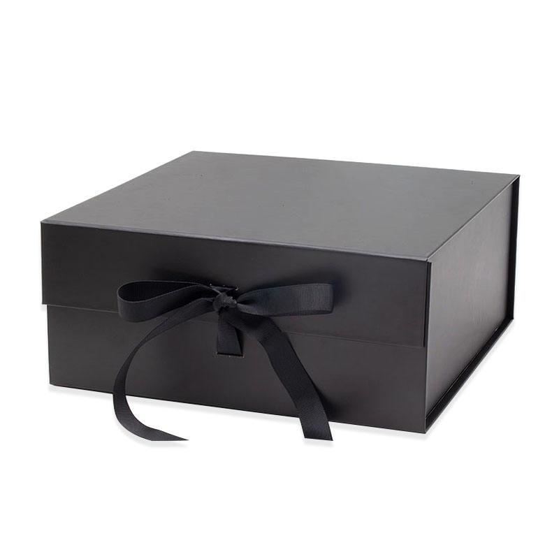 Collapsible Rigid Matte Black Folding Cardboard Gift Box With Magnetic Closure And Ribbon