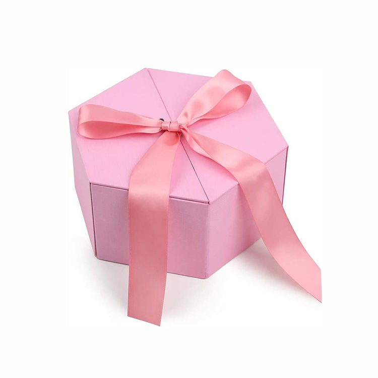  Custom Luxury Magnetic Pink Hexagon Shape Bride Gift Boxes Package With Bow