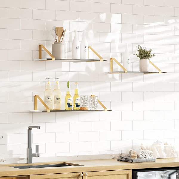 3 Wall Mounted Shelves With Gold Holder