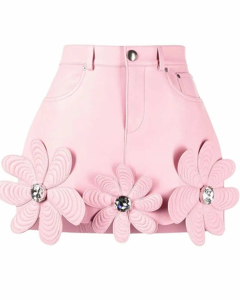 Factory made PU flower high waist bodycon pink mini skirt