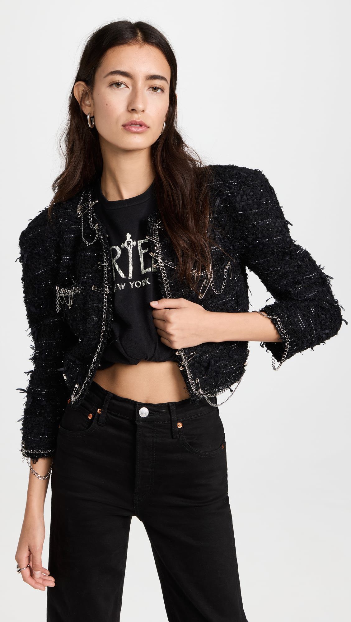 New Style Button Pin Chain-decorated Thick Tweed Short Jacket