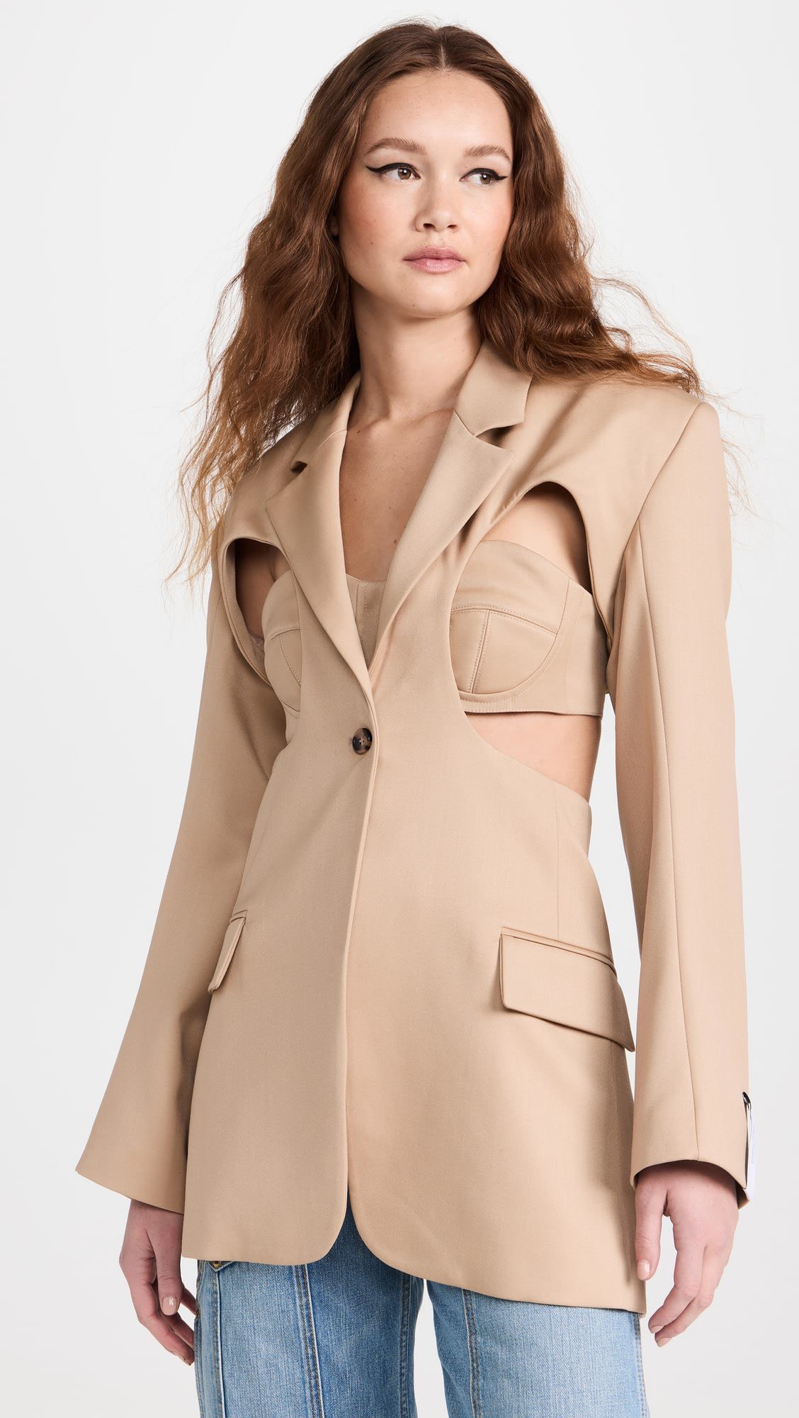 Made in china khaki cut-out back suit sexy jacket