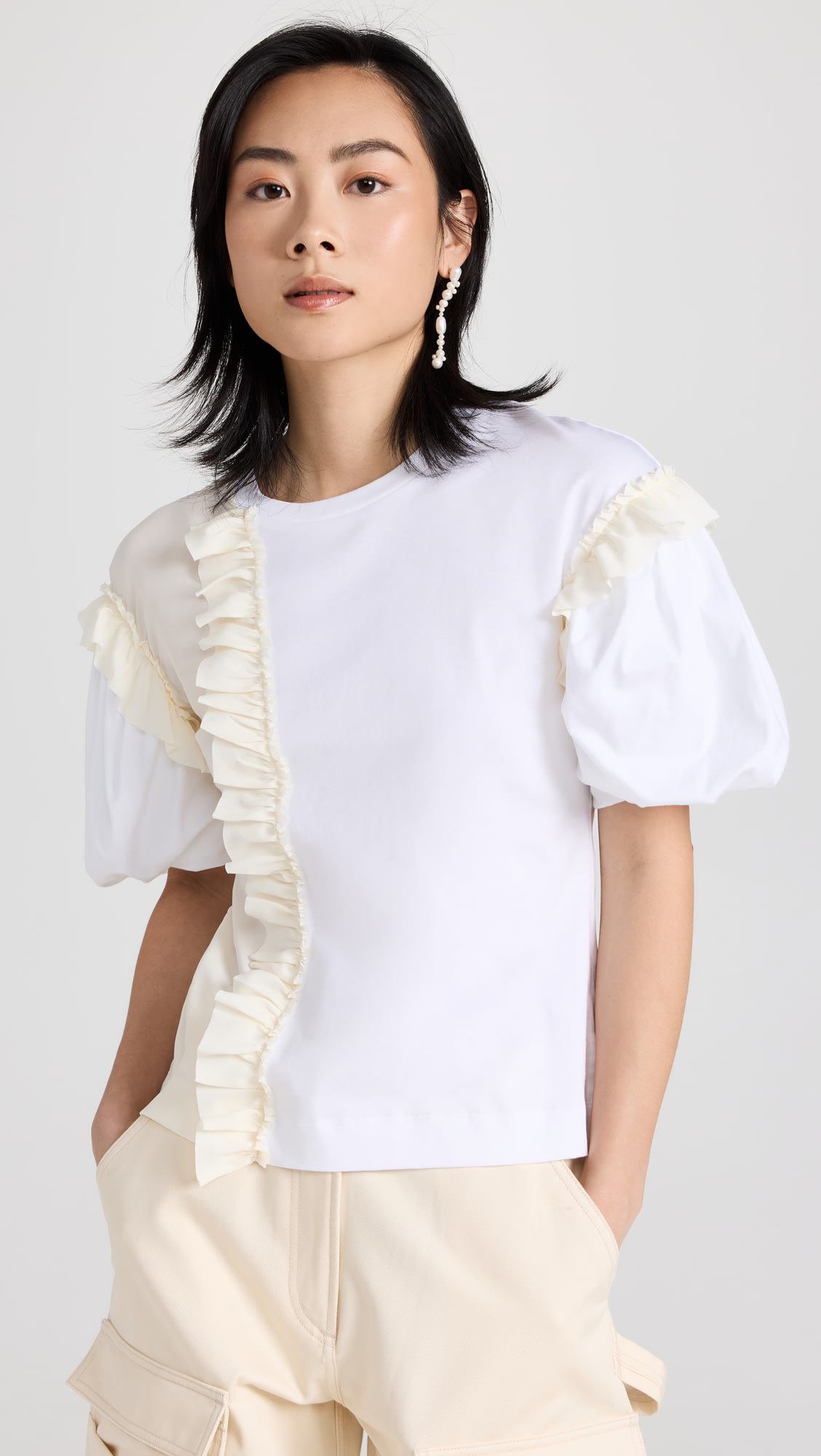 ODM Patchwork ruffled edge color puffy sleeve simple top