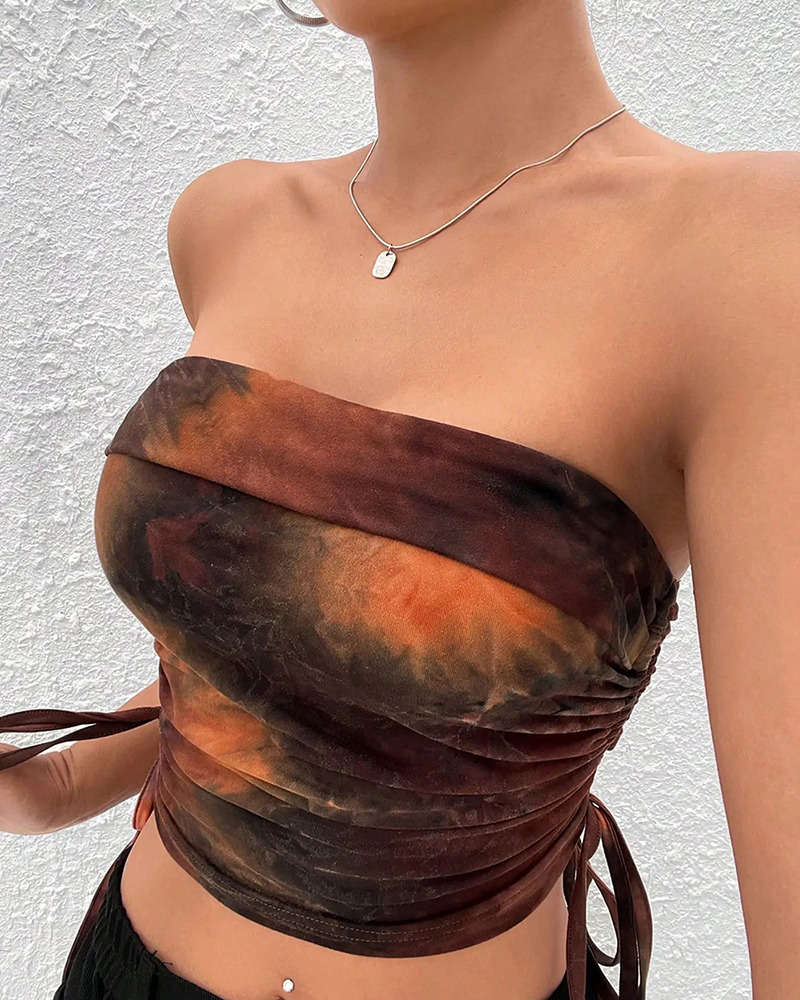 Factory made sexy strapless tie dye drawstring side crop tube top