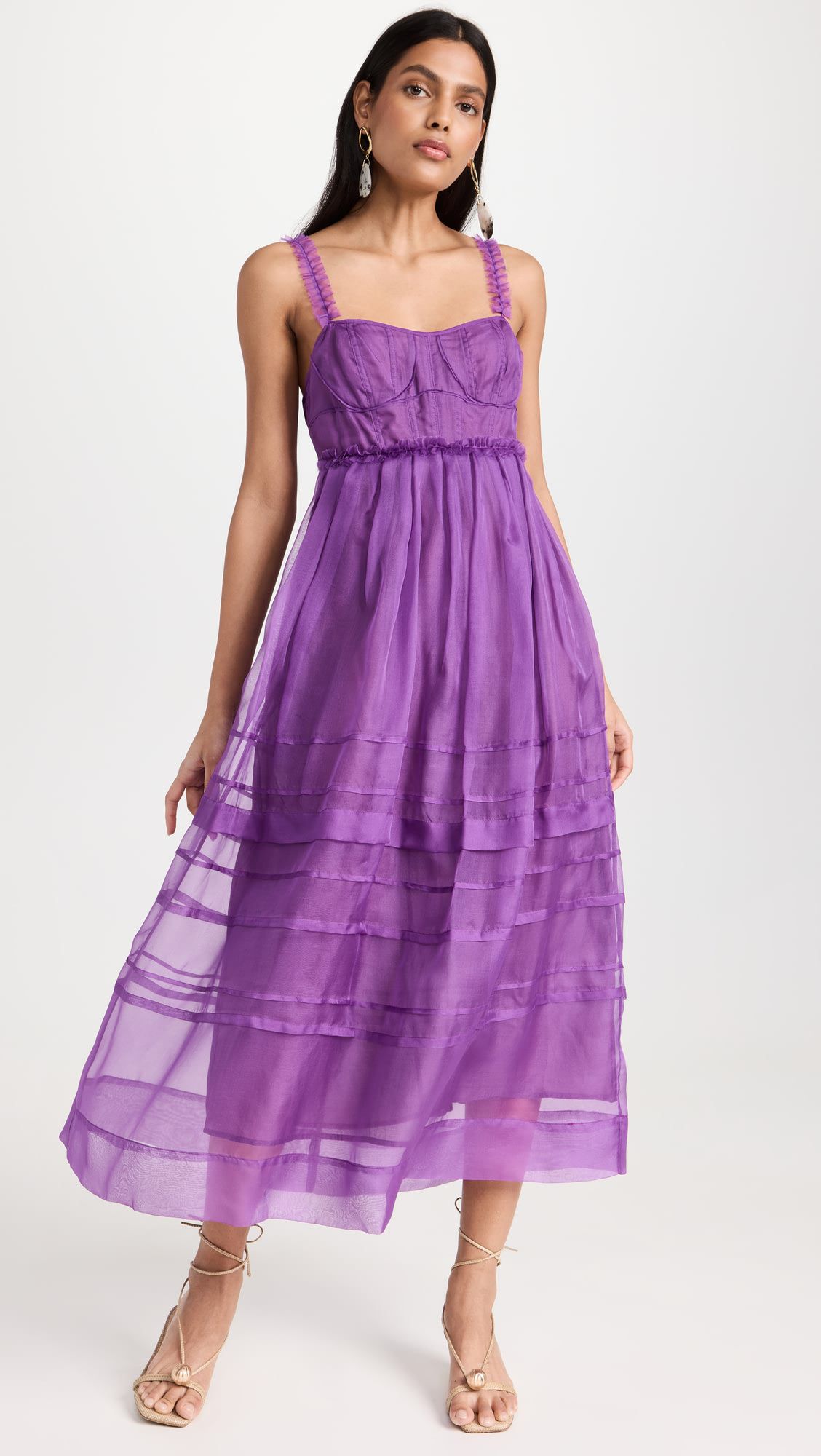 Purple mesh spaghetti strap elegant midi dress