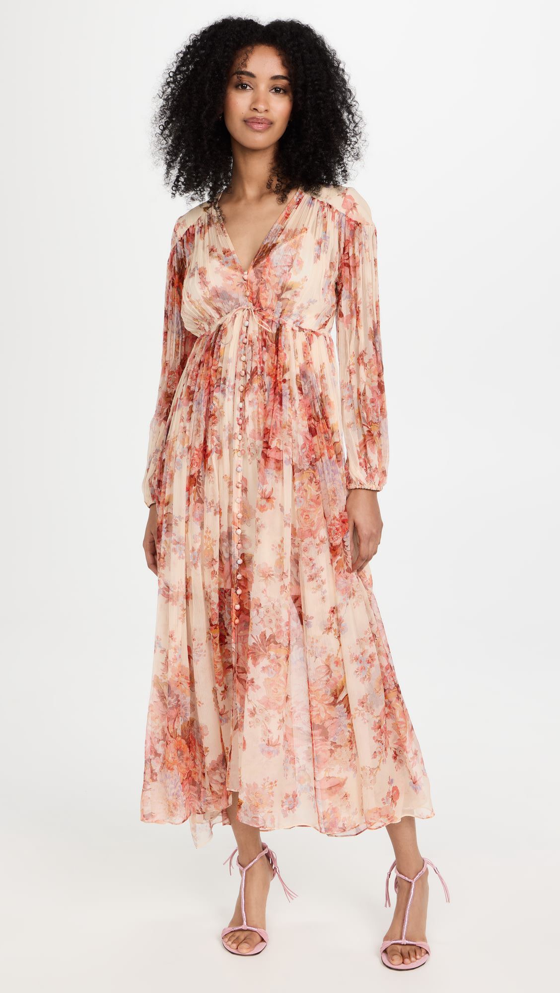 Stylish elegant floral print V-neck lantern sleeves midi dress