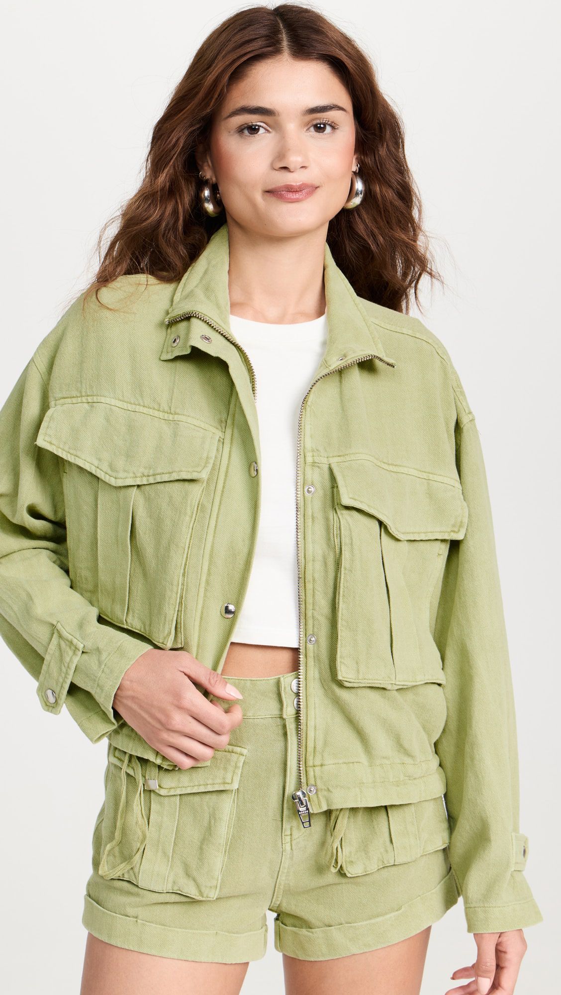 ODM Elegant fashion large pocket denim zipper jacket cargo shorts set