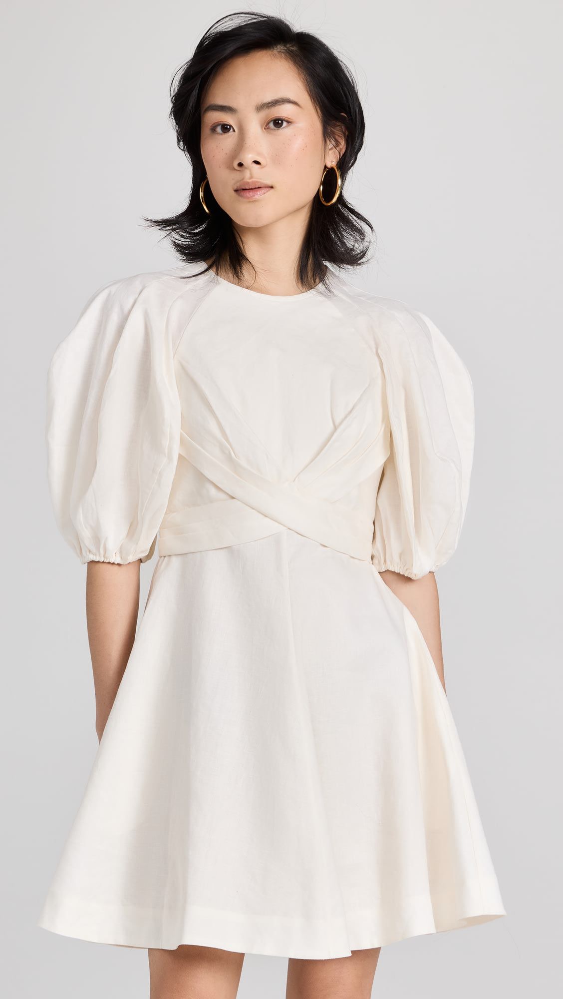 ODM High-waisted linen cross puffed sleeves mini dress