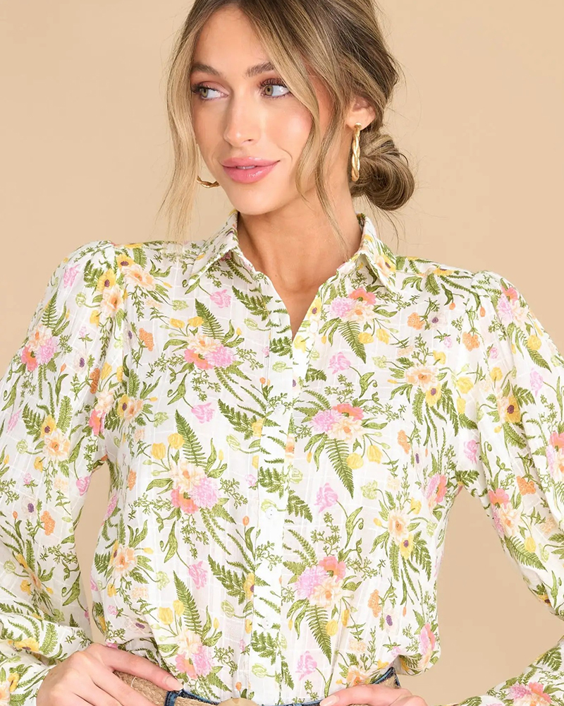 OEM floral print long sleeves shirt green tops