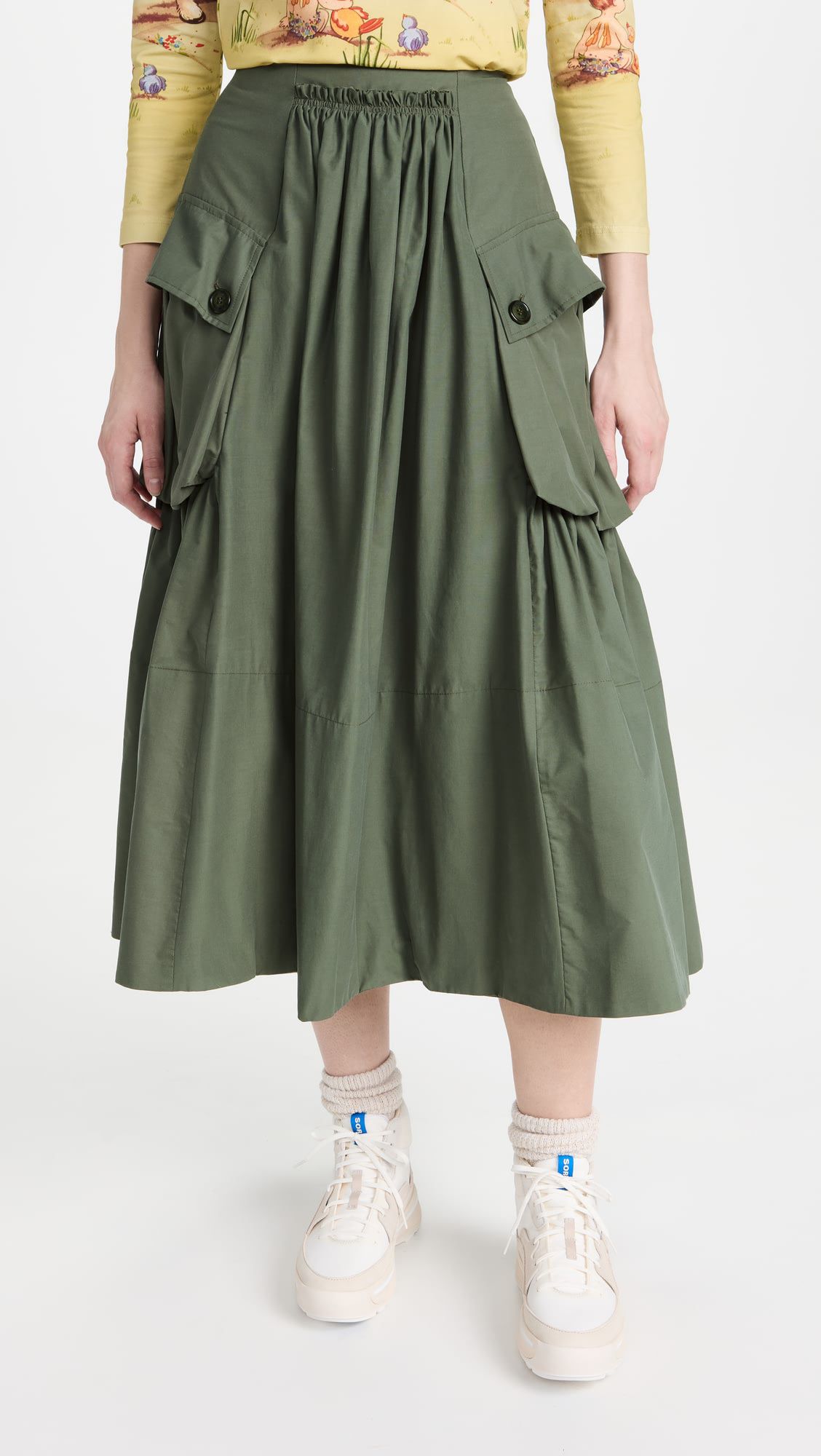Vintage Army-green Cargo A-line Pleated High Waist Skirt