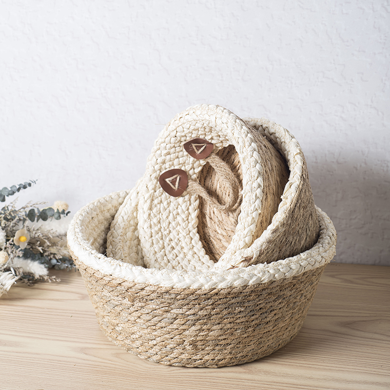 Seagrass basket with handles,set of 3.Woven Storage basket.Natural corn and Straw Flower Pots