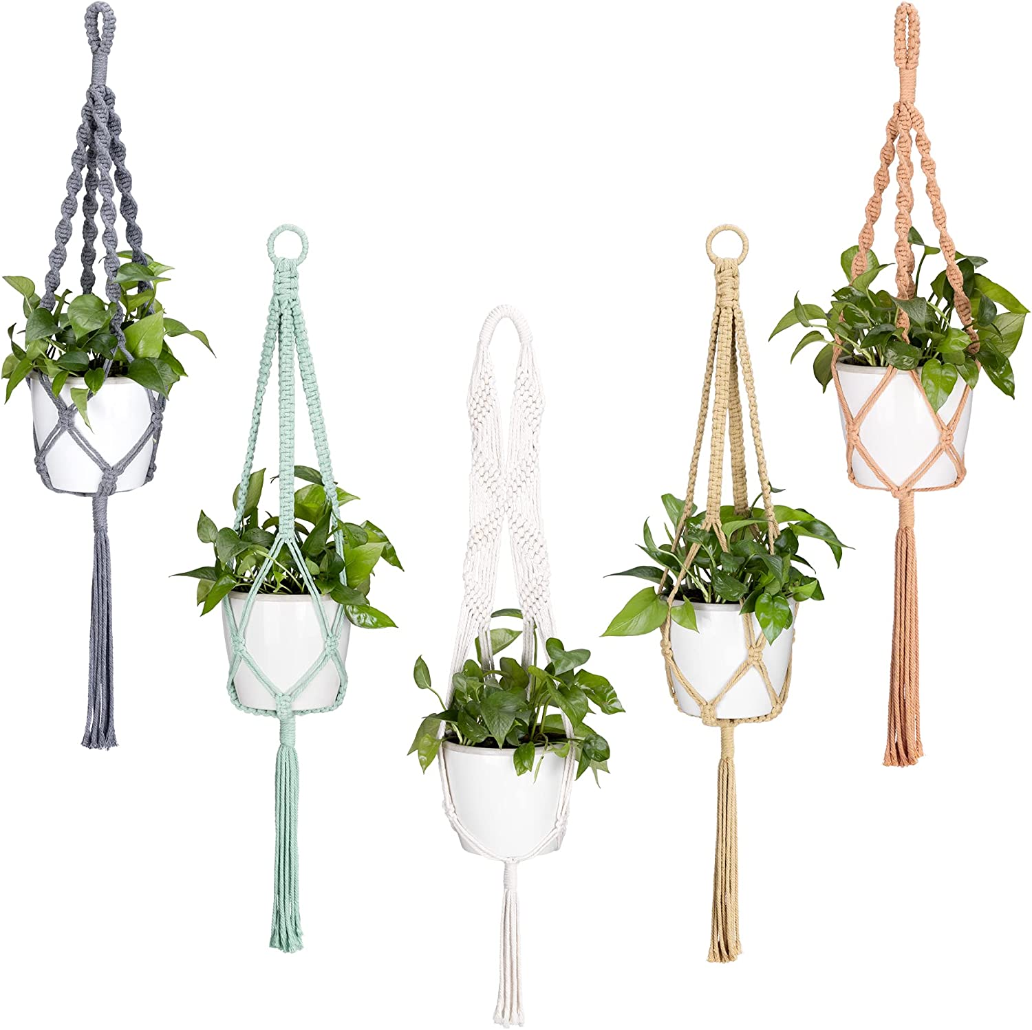 Macrame Plant Hangers (Set of 5) - Macrame Plant Hanger Set Cotton Pot Holder for Hanging Plants Indoor 