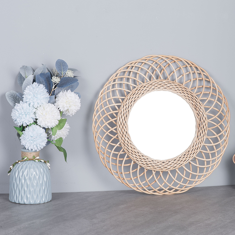 Rose Rattan Wall Mirror Round Flower Hanging Boho Willow Wicker Weave Frame Deco,40-50cm,15.7-19.7 Inch