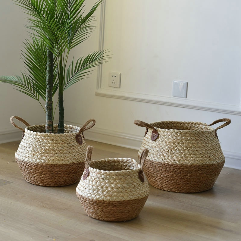 Natural corn and straw basket,cotton rope basket with 2 handles,foldable,set of 3