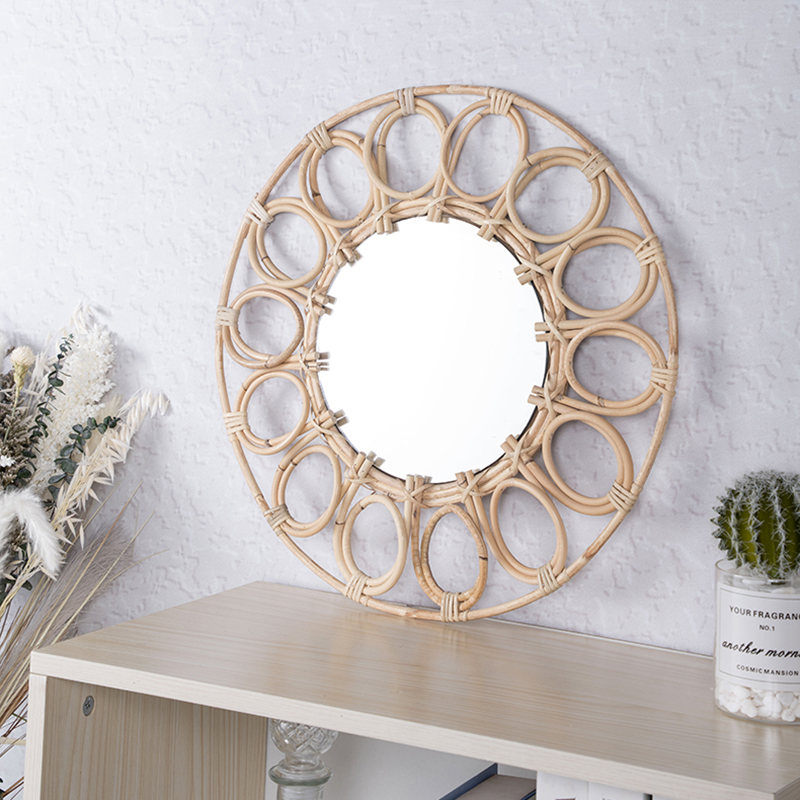 Rattan Mirror Wall Makeup Mirror Sunflower Frame Natural Mirror Country Style Wall Mount Round Mirror for Living Room Bedroom 