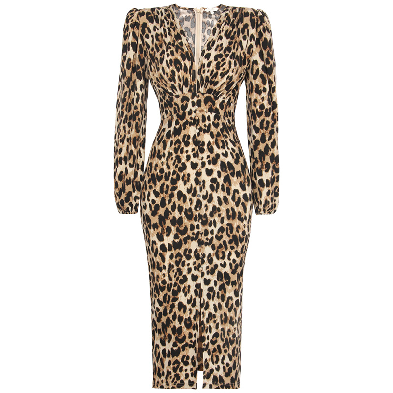 SS2312 Rayon V neck Wrap Skinny High Split Long Sleeve Leopard Digital midi dress