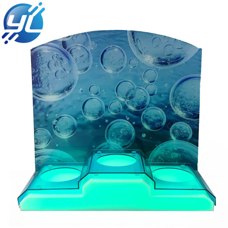 Acrylic blue and white table top wine bottle display stand with LED light