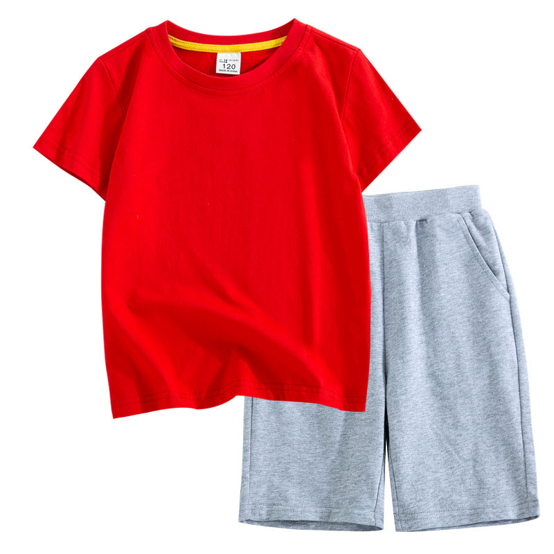 2023 short sleeve plain color kids t shirt set custom logo printing summer cotton spandex 2 pcs shorts suits for boy and girls